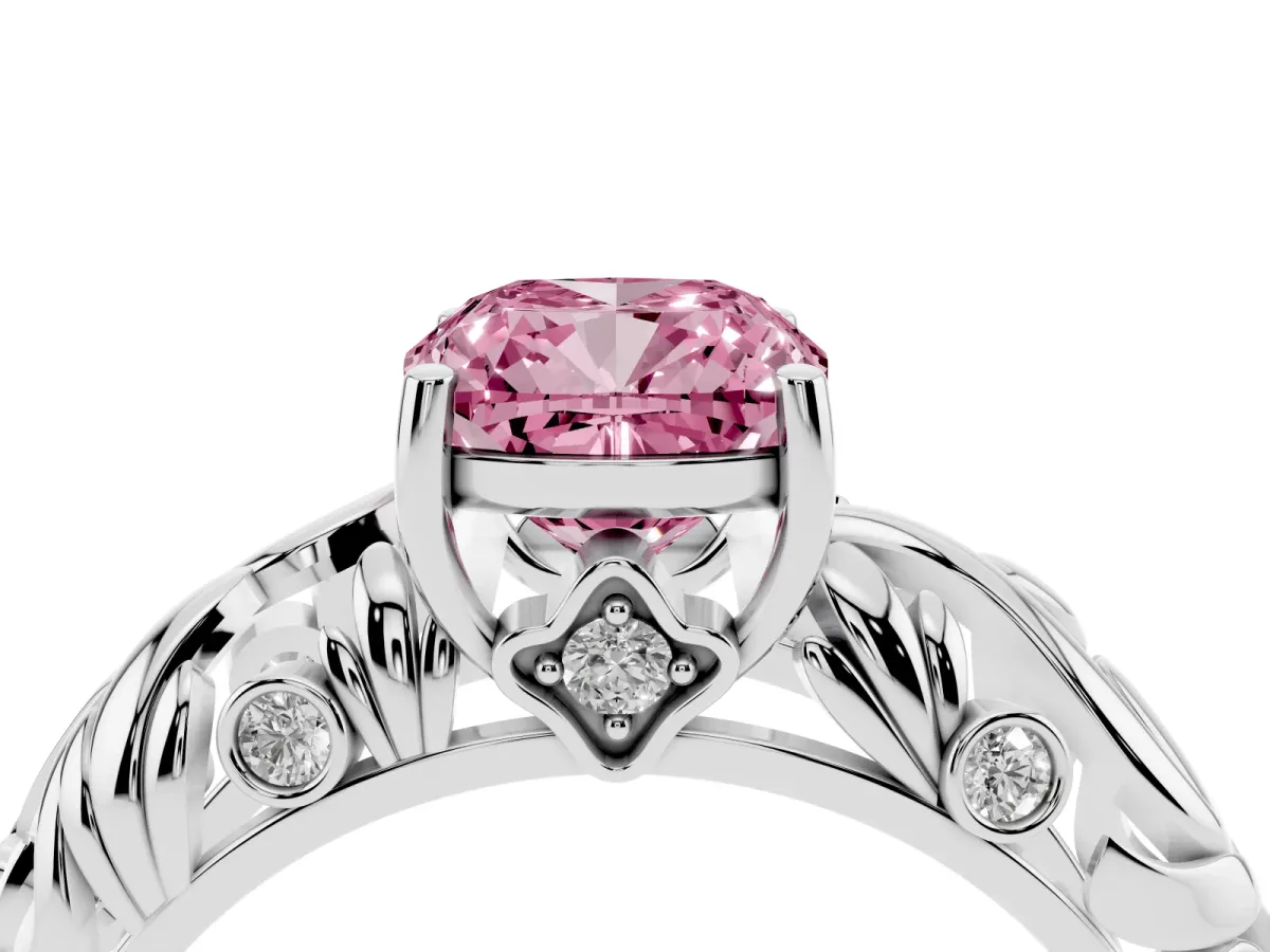 Fancy Pink Cushion Cut Solitaire Diamond Leaf-Inspired Vine Band Ring with Prong Setting Platinum