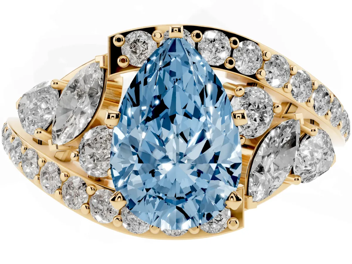 Fancy Blue Pear Cut Diamond Halo Ring with Marquise and Pavé Band in Prong Setting Yellow gold