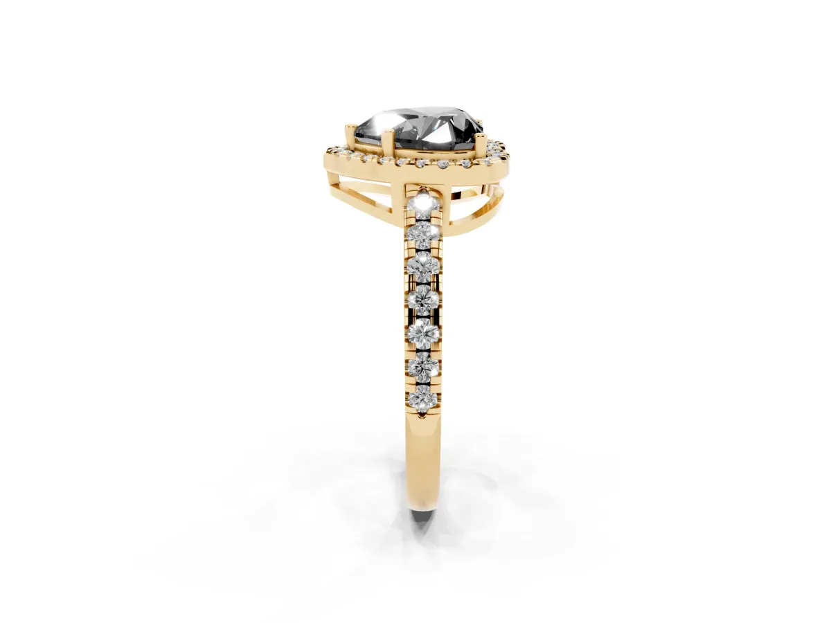 Fancy Black Heart Cut Diamond Halo Ring with Pavé Band and Four-Prong Setting Yellow gold