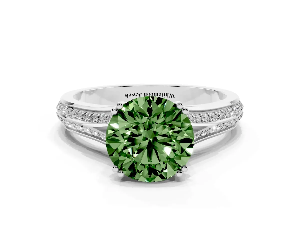 Fancy Green Round Cut Diamond Split Shank Engagement Ring with Pavé Band Platinum
