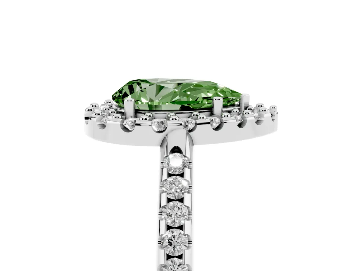Fancy Green Pear Cut Diamond Pavé Halo Ring with Four-Prong Setting Platinum