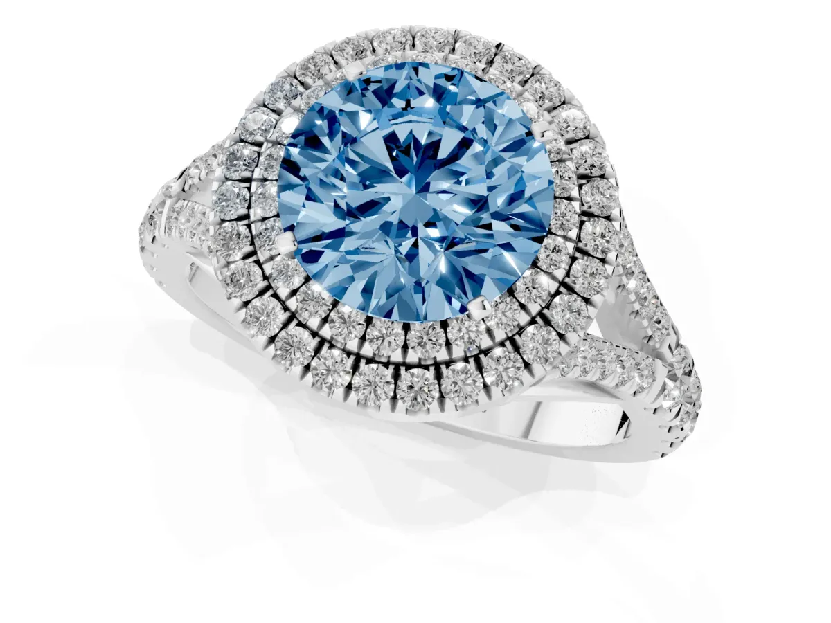 Fancy Blue Round Cut Cut Double Halo Split Shank Diamond Ring with Prong Setting Silver