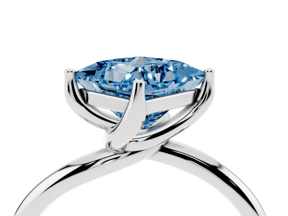Fancy Blue Princess Cut Diamond Solitaire Engagement Ring with Four-Prong Setting and Classic Band Silver