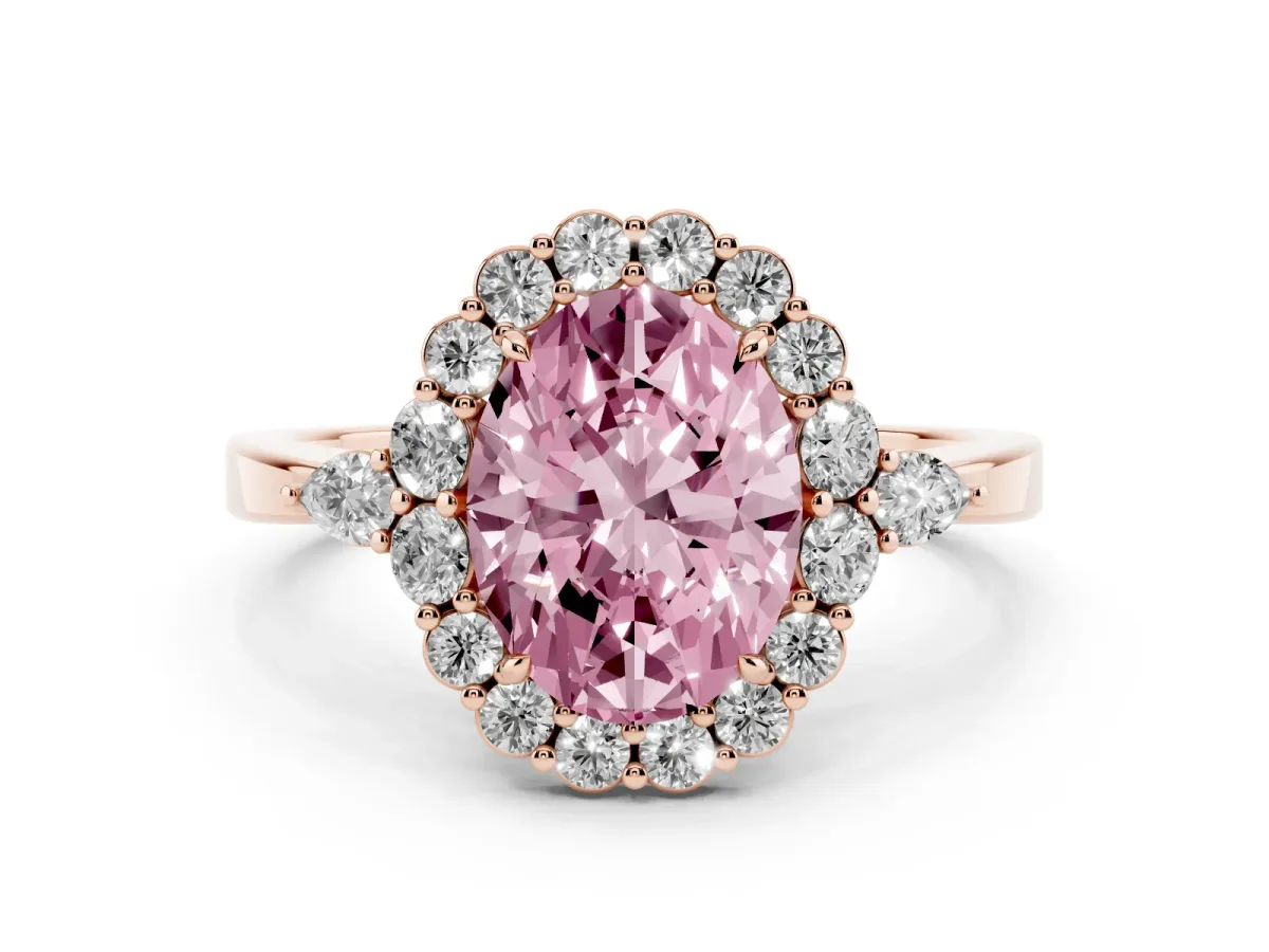 Fancy Pink Oval Cut Diamond Halo Ring with Pear Side Stones and Prong Setting Rose gold