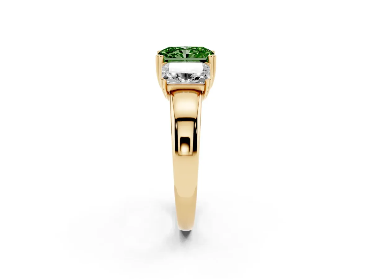 Fancy Green Three-Stone Radiant Cut Cut Diamond Ring with Channel Set Band and Four-Prong Setting Yellow gold