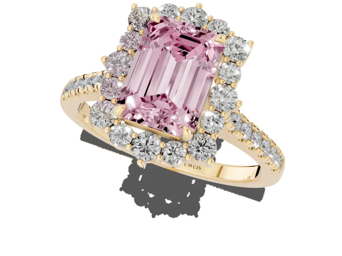 Fancy Pink Emerald Cut Halo Diamond Ring with Pavé Band and Prong Setting Yellow gold