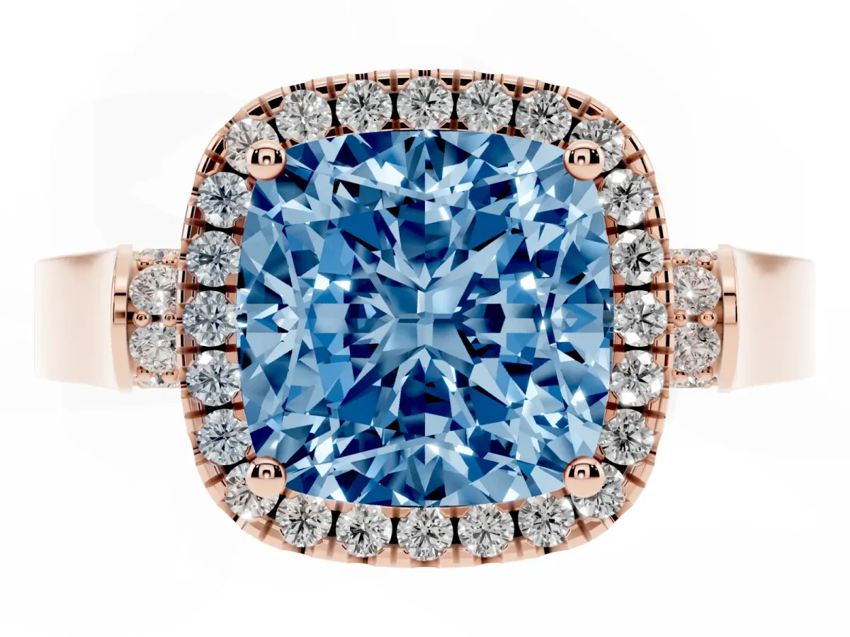 Fancy Blue Cushion Cut Halo Pave Split Shank Prong Setting Ring Rose gold