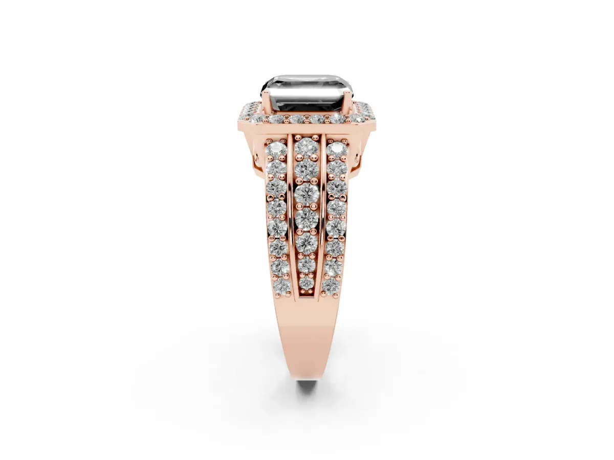Fancy Black Asscher Cut Halo Diamond Ring with Round Split Shank and Prong Setting Rose gold