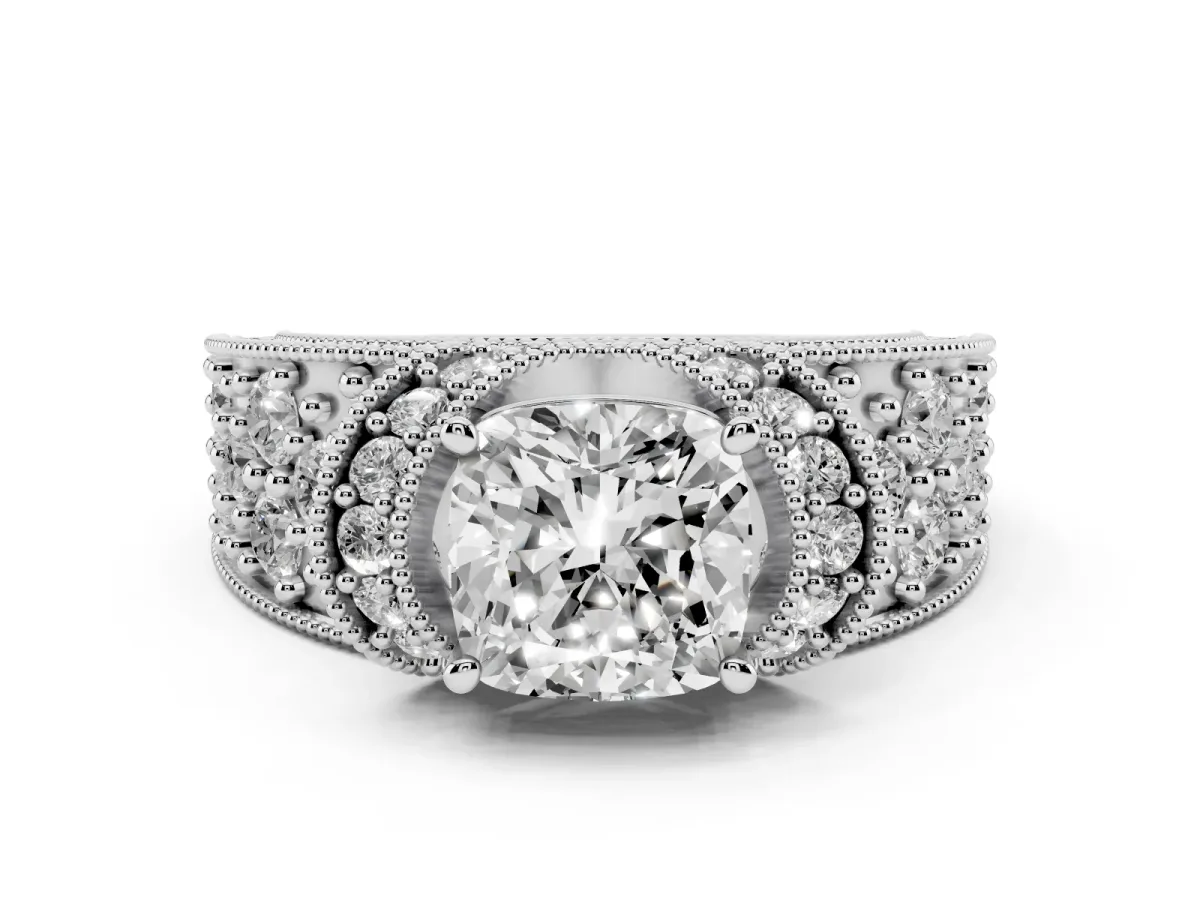 Cushion Cut Halo Pave Diamond Engagement Ring with Milgrain Detailing Silver