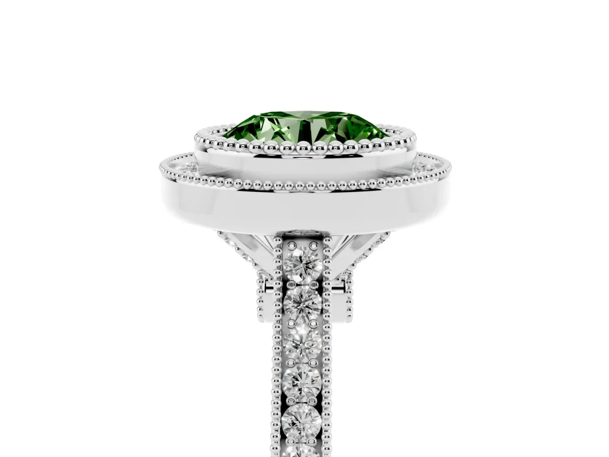 Fancy Green Round Cut Diamond Halo Ring with Milgrain Frame and Pavé Band Platinum