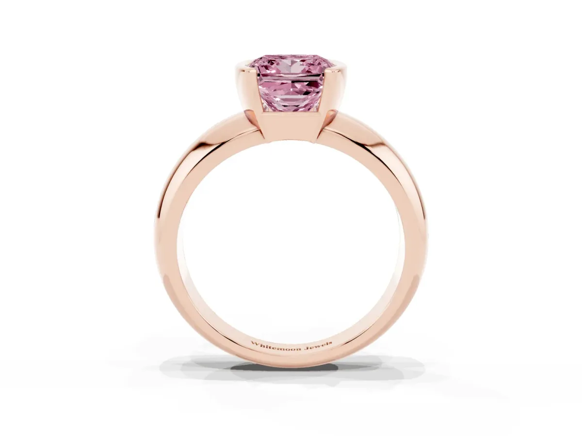 Fancy Pink Princess Cut Solitaire Tension Set Diamond Ring with Wide Band Rose gold