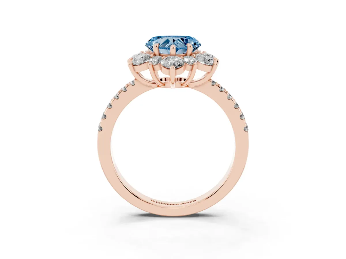Fancy Blue Heart Cut Diamond Floral Halo Ring with Round Pavé Band and Prong Setting Rose gold