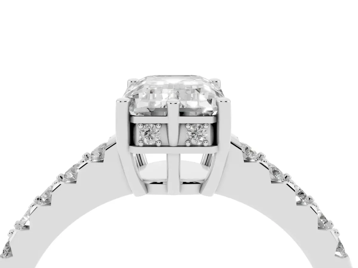 Emerald Cut Solitaire Diamond Engagement Ring with Pavé Band and Six-Prong Setting White gold