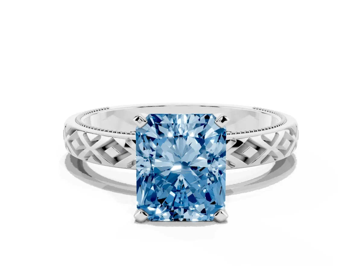 Fancy Blue Radiant Cut Solitaire Diamond Ring with Milgrain and Black Enamel X Pattern Band Silver