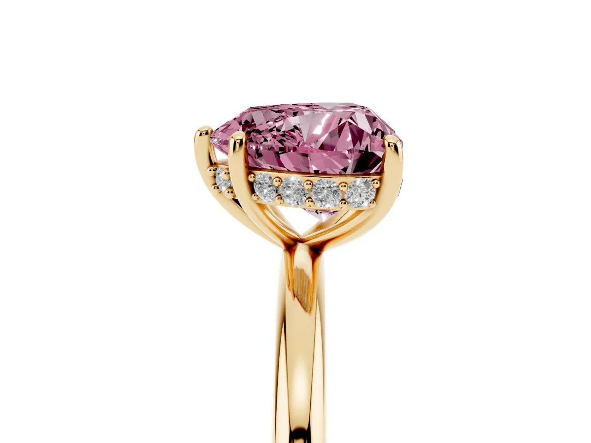 Fancy Pink Heart Cut Solitaire Diamond Ring with a Classic Band and Four-Prong Setting Yellow gold
