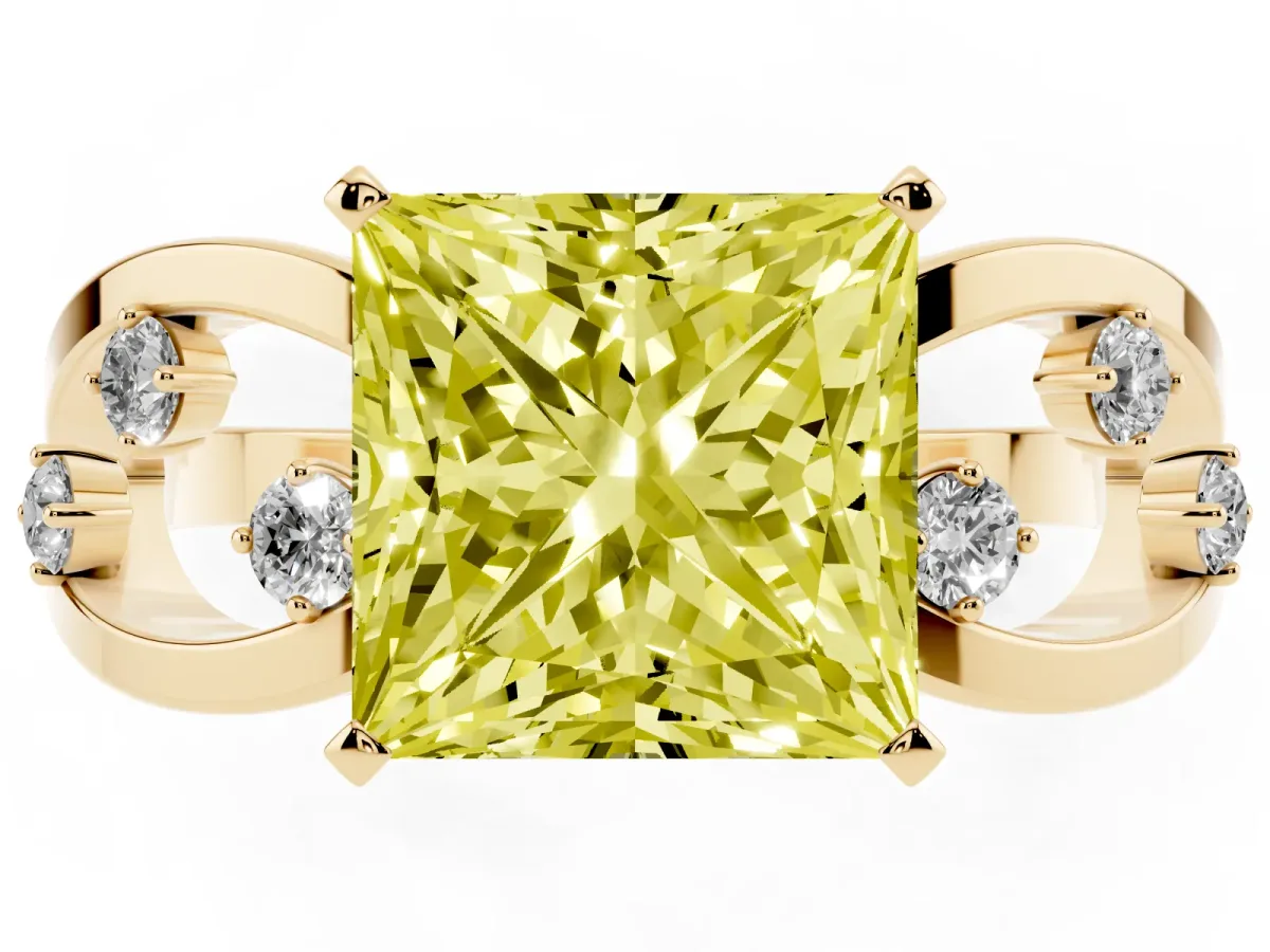 Fancy Yellow Princess Cut Cut Solitaire Diamond with Side Stones on Criss-Cross Band and Four-Prong Setting Yellow gold