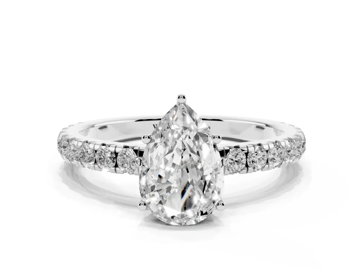 Pear Cut Diamond Pavé Solitaire Engagement Ring with Four-Prong Setting Platinum