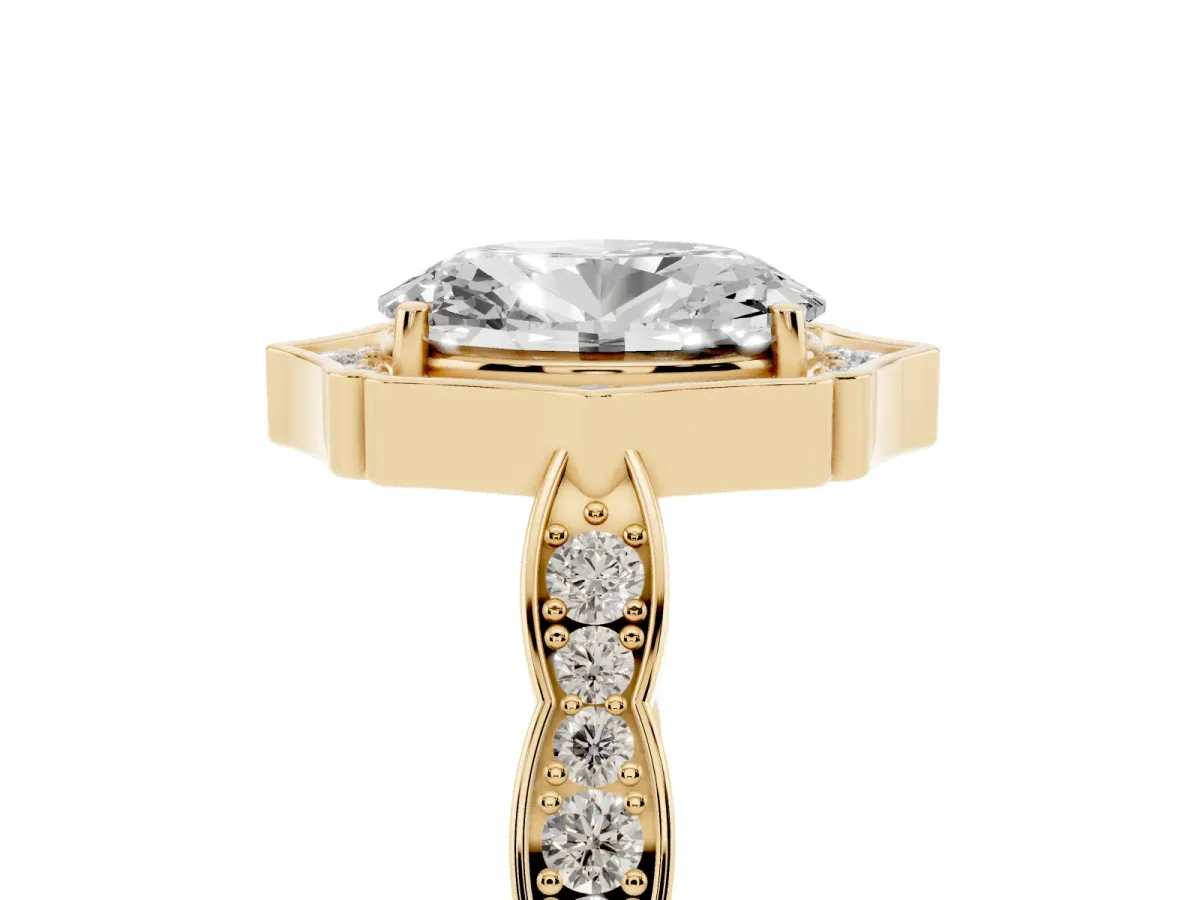 Oval Cut Halo Diamond Engagement Ring with Milgrain Band and Four-Prong Setting Yellow gold