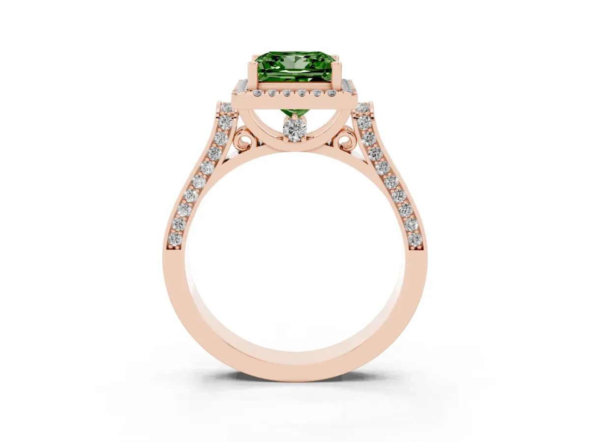 Fancy Green Princess Cut Halo Round Diamond Twist Band with Four-Prong Setting Rose gold