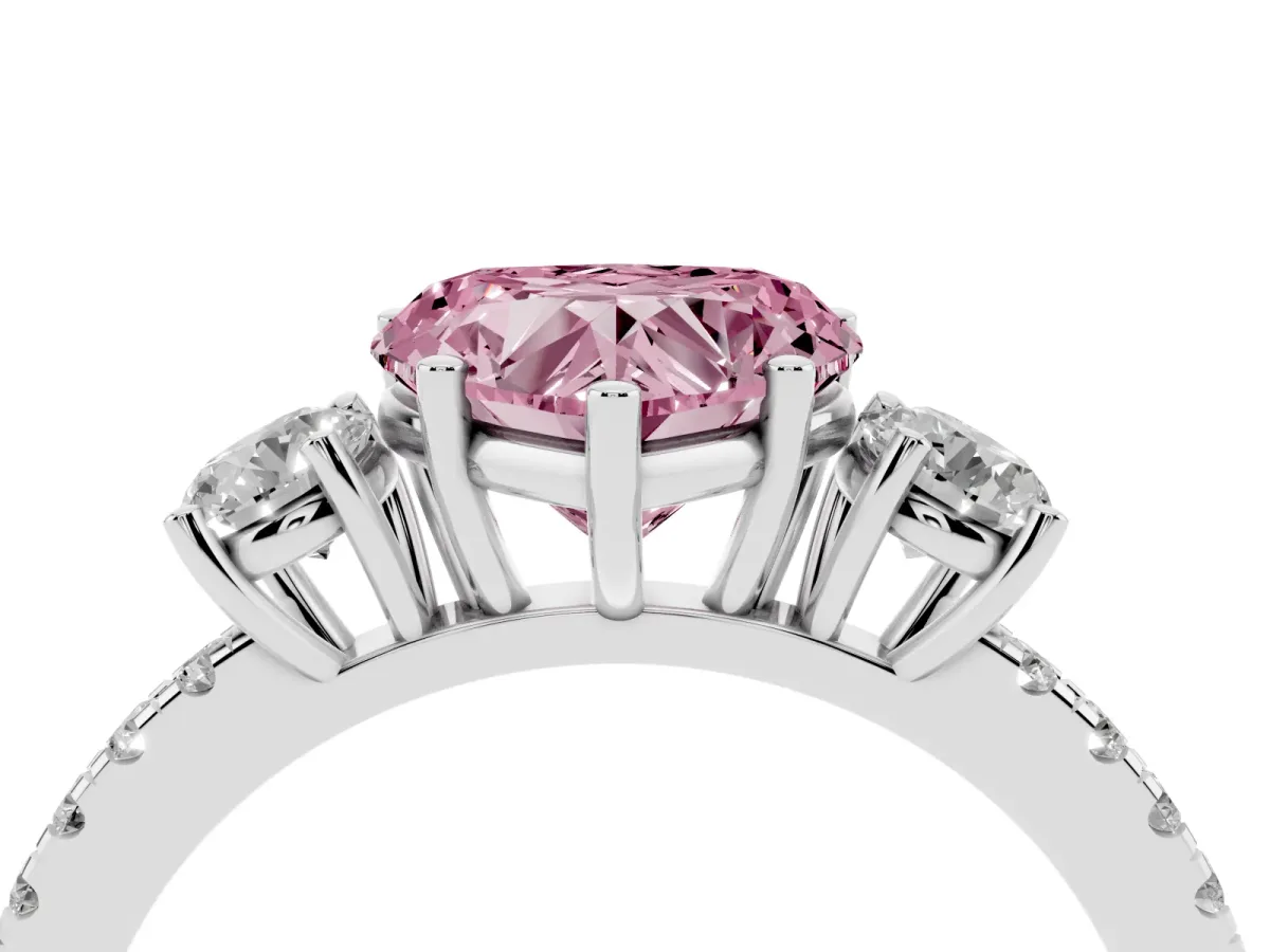 Fancy Pink Three-Stone Heart Cut Cut Diamond Pavé Band with Prong Setting Silver