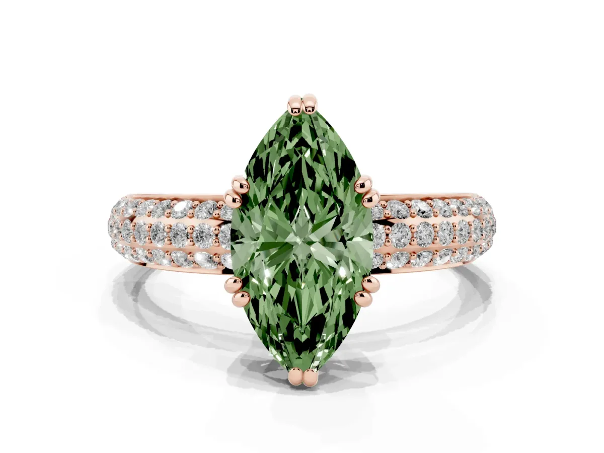 Fancy Green Marquise Cut Diamond Solitaire Ring with Multi-Row Round Pavé Band and Prong Setting Rose gold