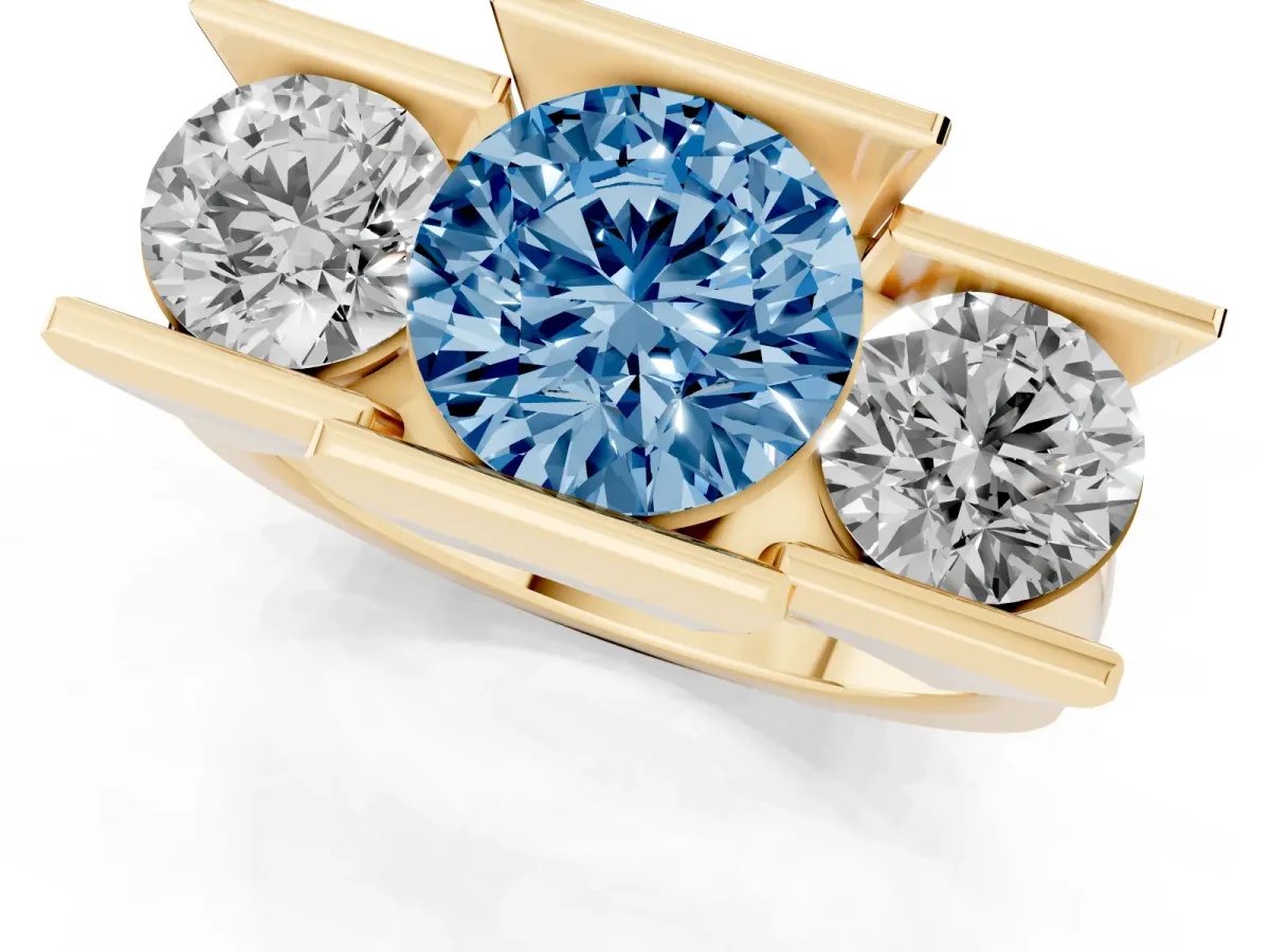 Fancy Blue Three Stone Round Cut Cut Channel Set Diamond Ring Yellow gold