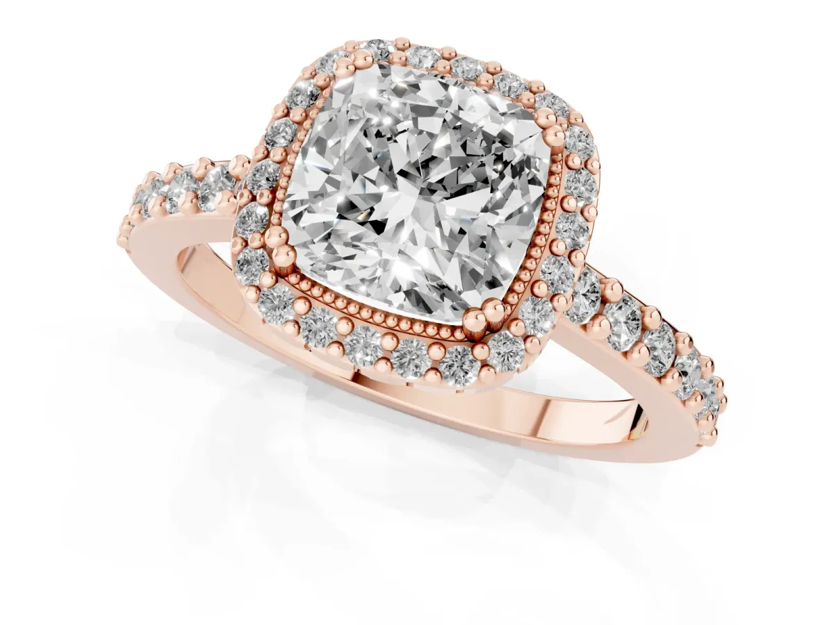 Cushion Cut Cut Diamond Halo Engagement Ring with Milgrain Detail and Pavé Band Rose gold