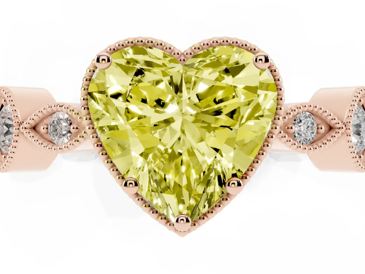 Fancy Yellow Heart Cut Diamond Vintage Milgrain Ring with Round Stations Rose gold