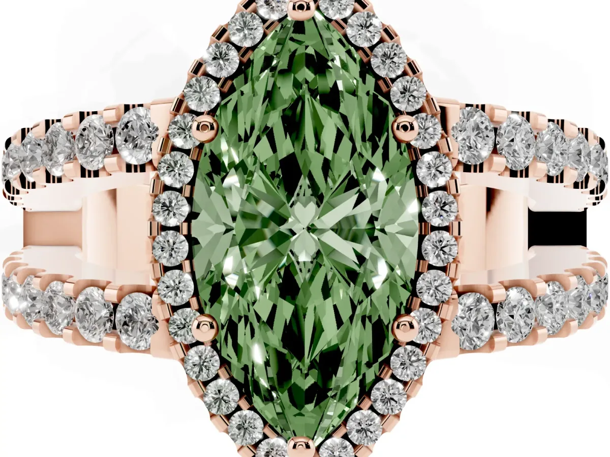 Fancy Green Marquise Cut Cut Halo Split Shank Diamond Ring with Four-Prong Setting Rose gold