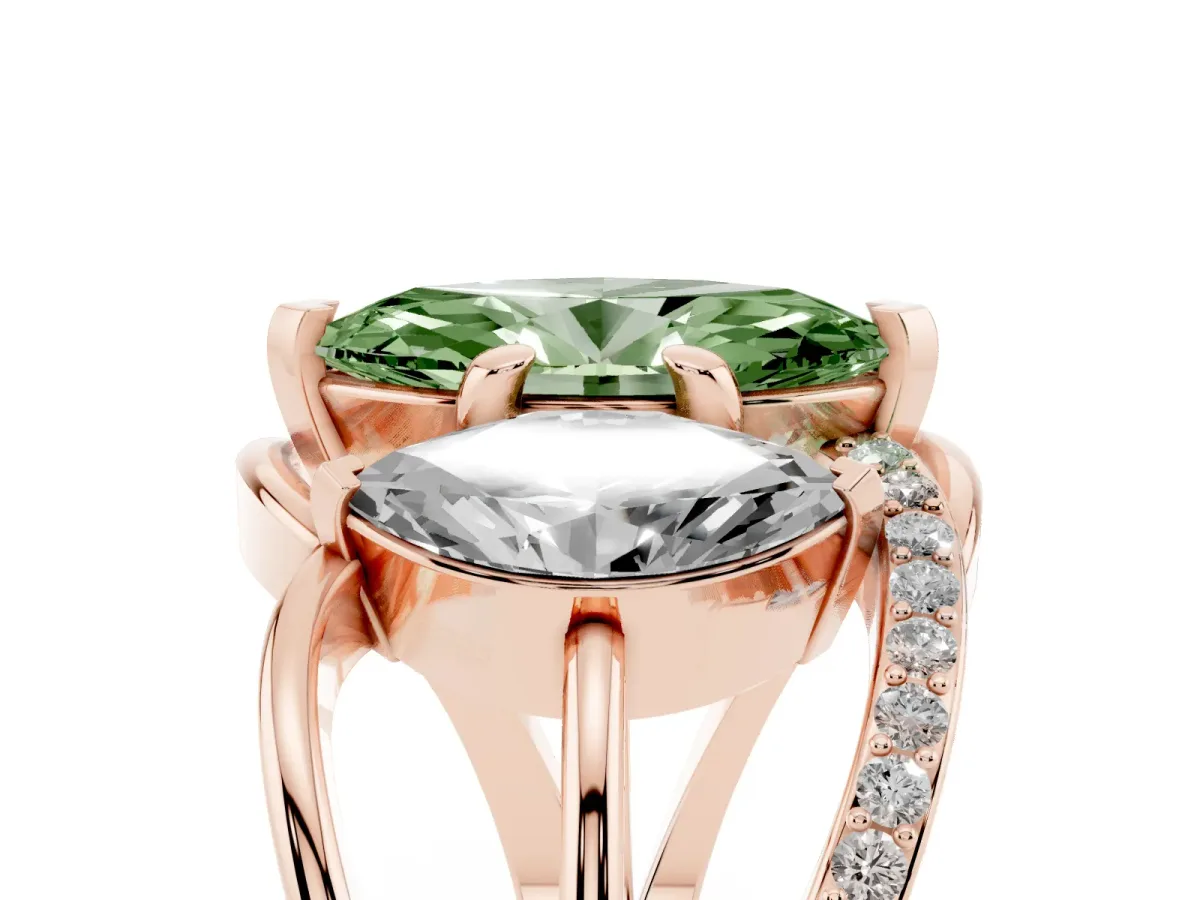Fancy Green Three-Stone Marquise Cut Cut Diamond Split Shank Prong Set Ring Rose gold