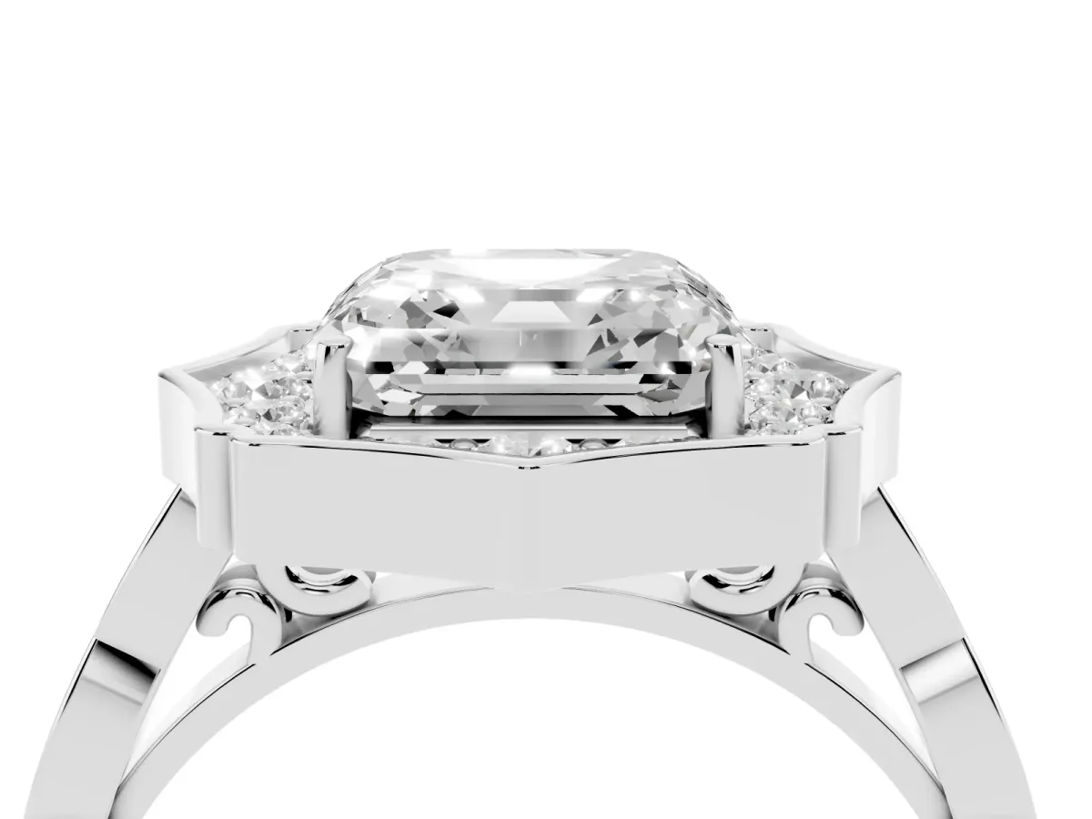 Asscher Cut Halo Diamond Engagement Ring with Milgrain Band and Four-Prong Setting White gold