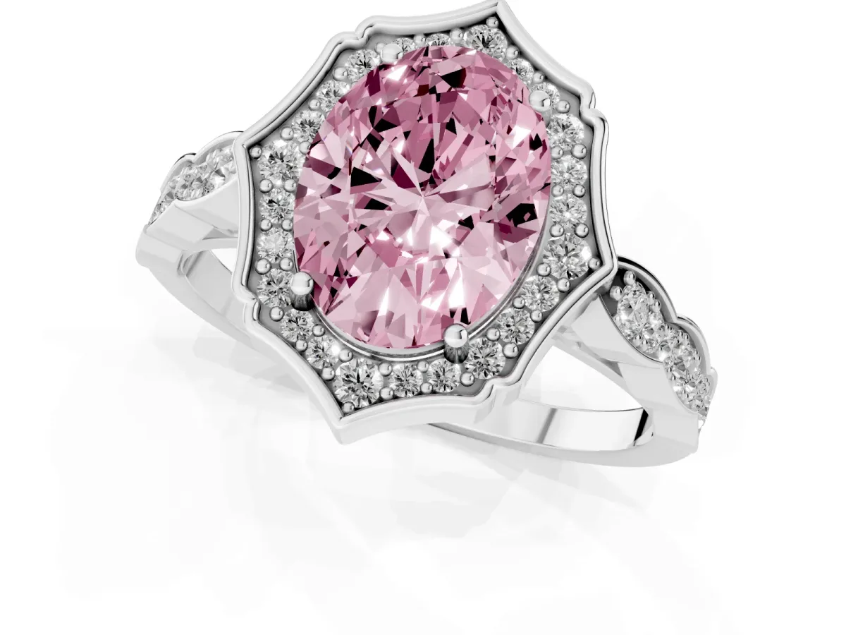 Fancy Pink Oval Cut Halo Diamond Engagement Ring with Milgrain Band and Four-Prong Setting Platinum
