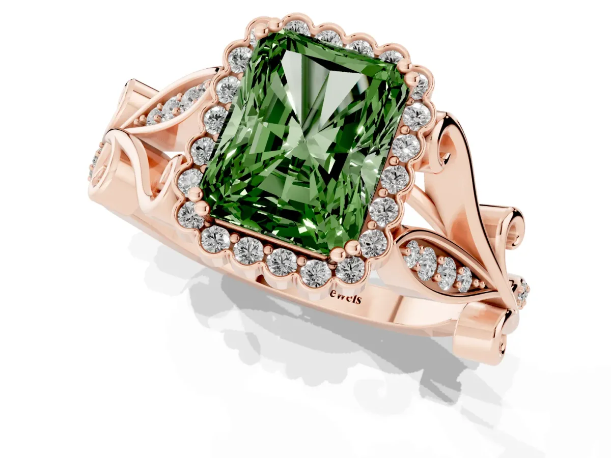 Fancy Green Radiant Cut Diamond Halo Ring with Vintage Split Shank and Four-Prong Setting Rose gold