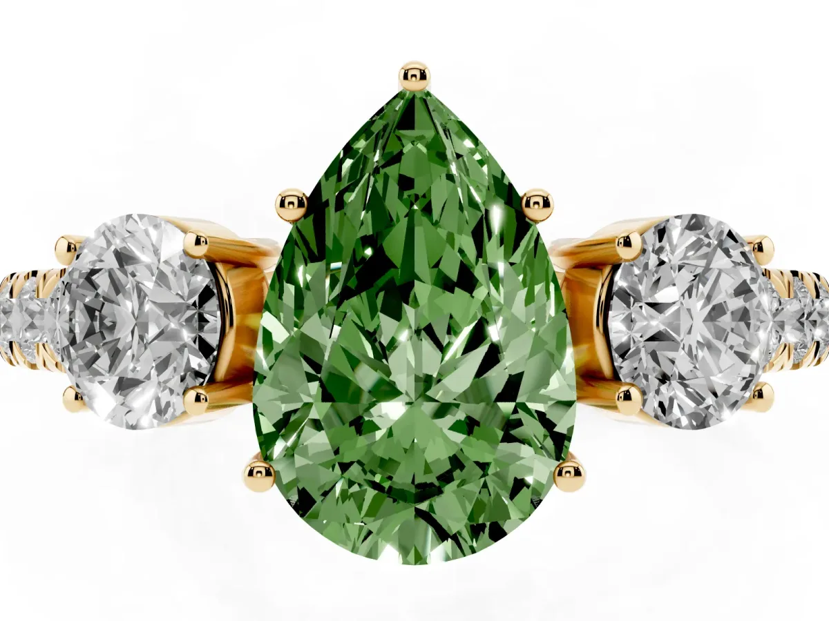 Fancy Green Pear Cut Cut Diamond Three-Stone Ring with Round Side Stones and Pavé Band Yellow gold