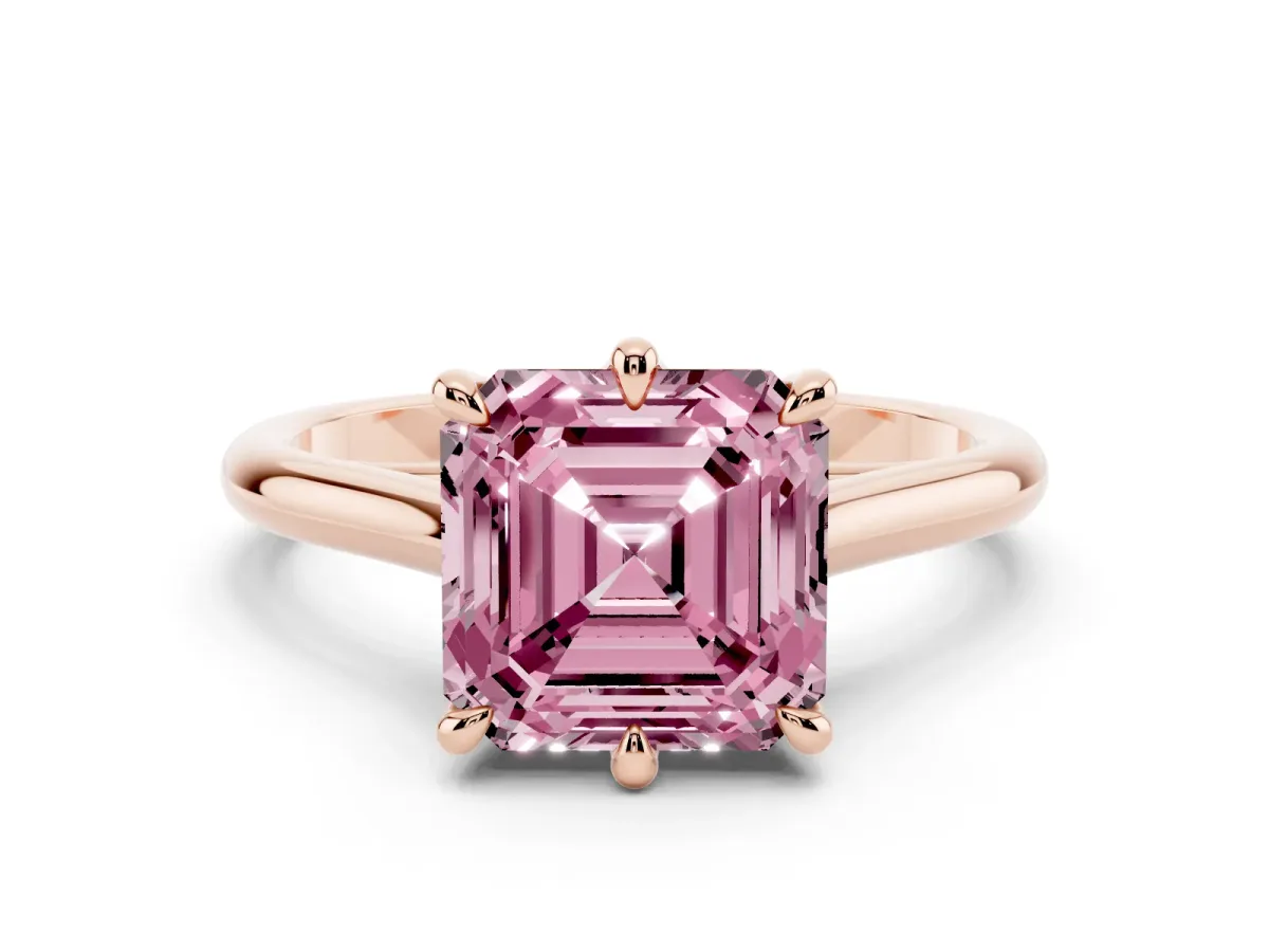 Fancy Pink Asscher Cut Solitaire Engagement Ring with Six-Prong Setting and Classic Band Rose gold