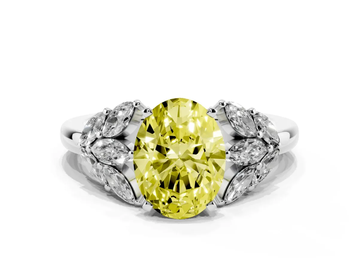 Fancy Yellow Oval Cut Diamond Cluster Leaf Design Ring with Prong Setting Platinum