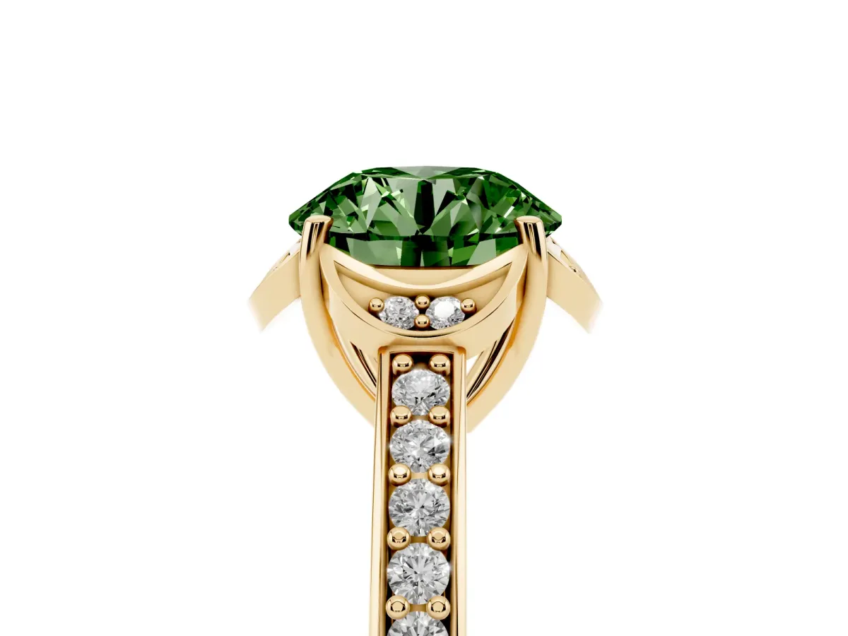 Fancy Green Round Cut Cut Halo Diamond Ring with Channel Set Band and Four-Prong Setting Yellow gold