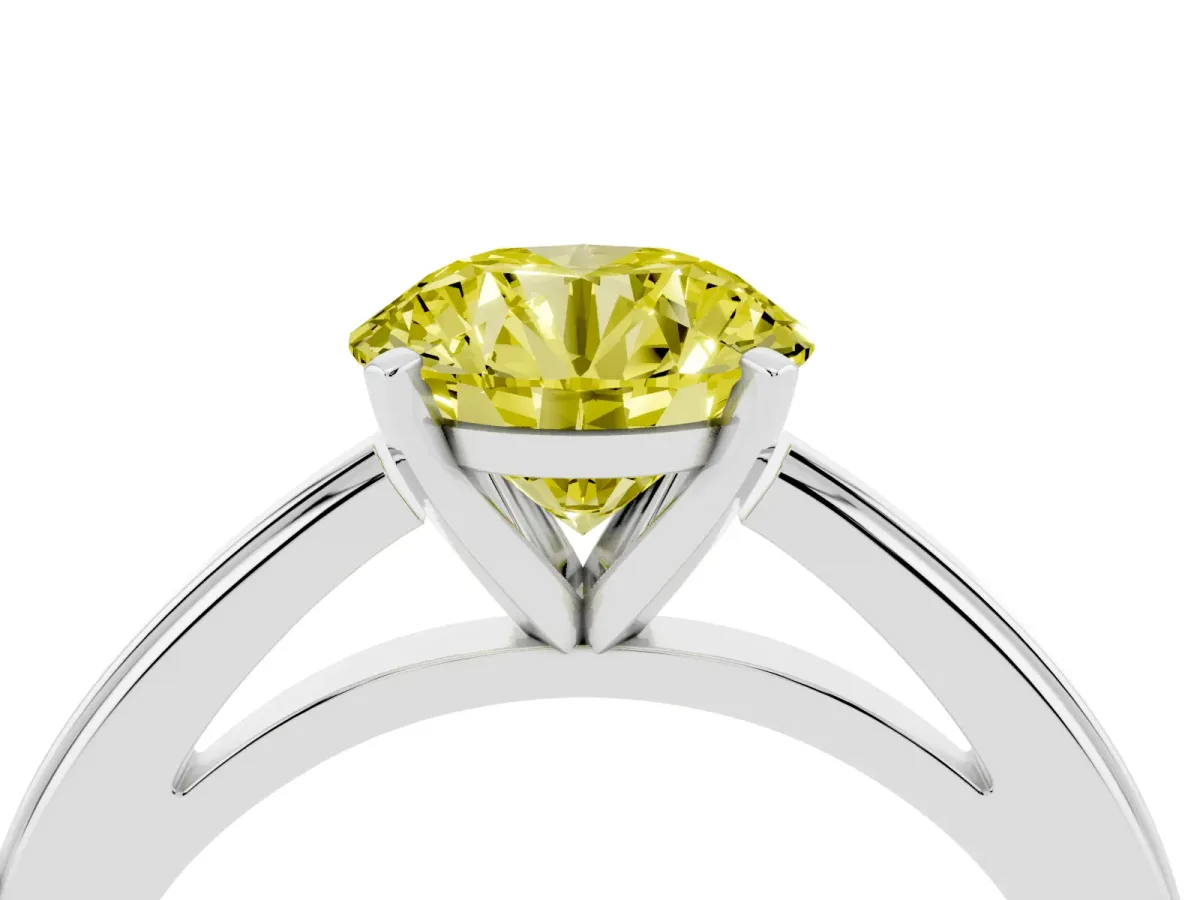 Fancy Yellow Round Cut Solitaire Diamond Ring with Four-Prong Setting and Classic Band Platinum