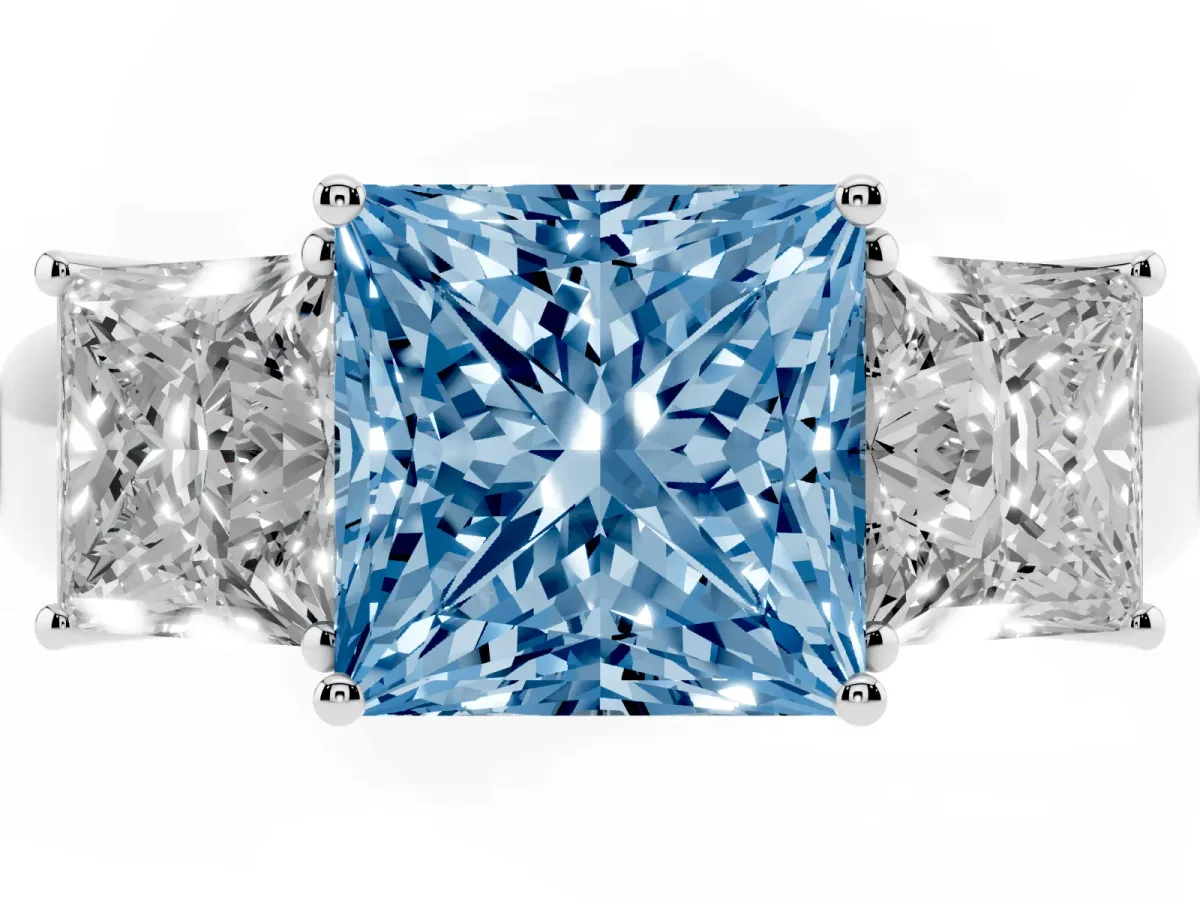 Fancy Blue Three-Stone Princess Cut Cut Diamond Ring with Prong Setting and Classic Band Silver