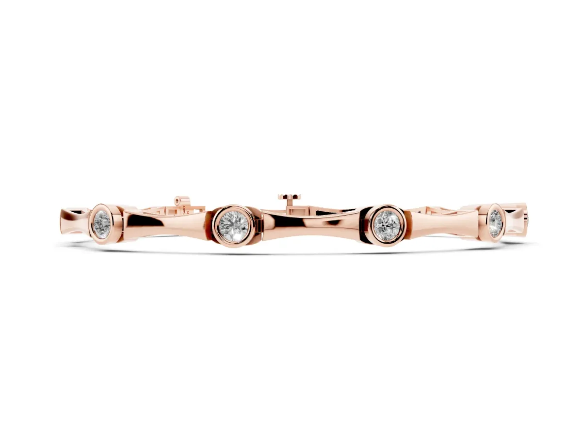 Bezel Set Round Diamond Bamboo Link Bracelet Rose gold