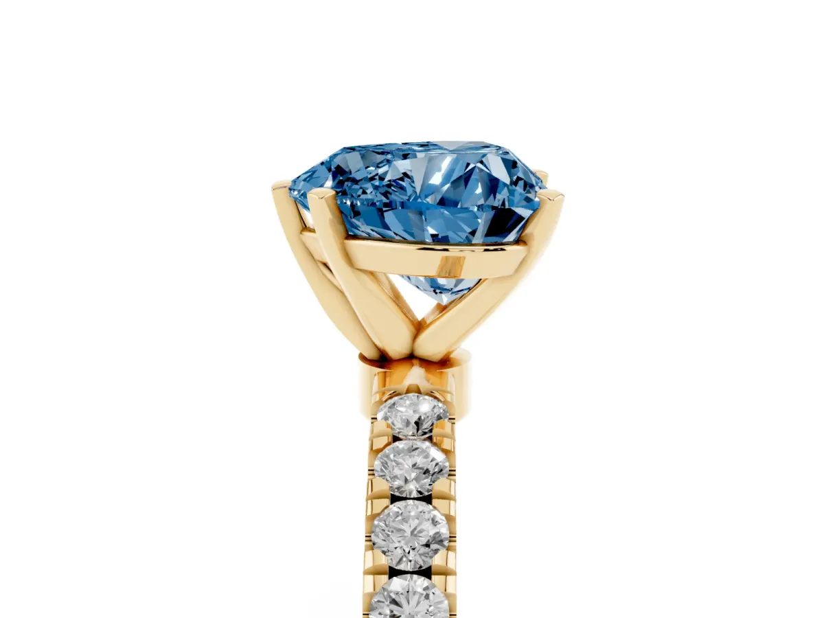 Fancy Blue Heart Cut Diamond Solitaire Ring with Pavé Accents and Four-Prong Setting Yellow gold