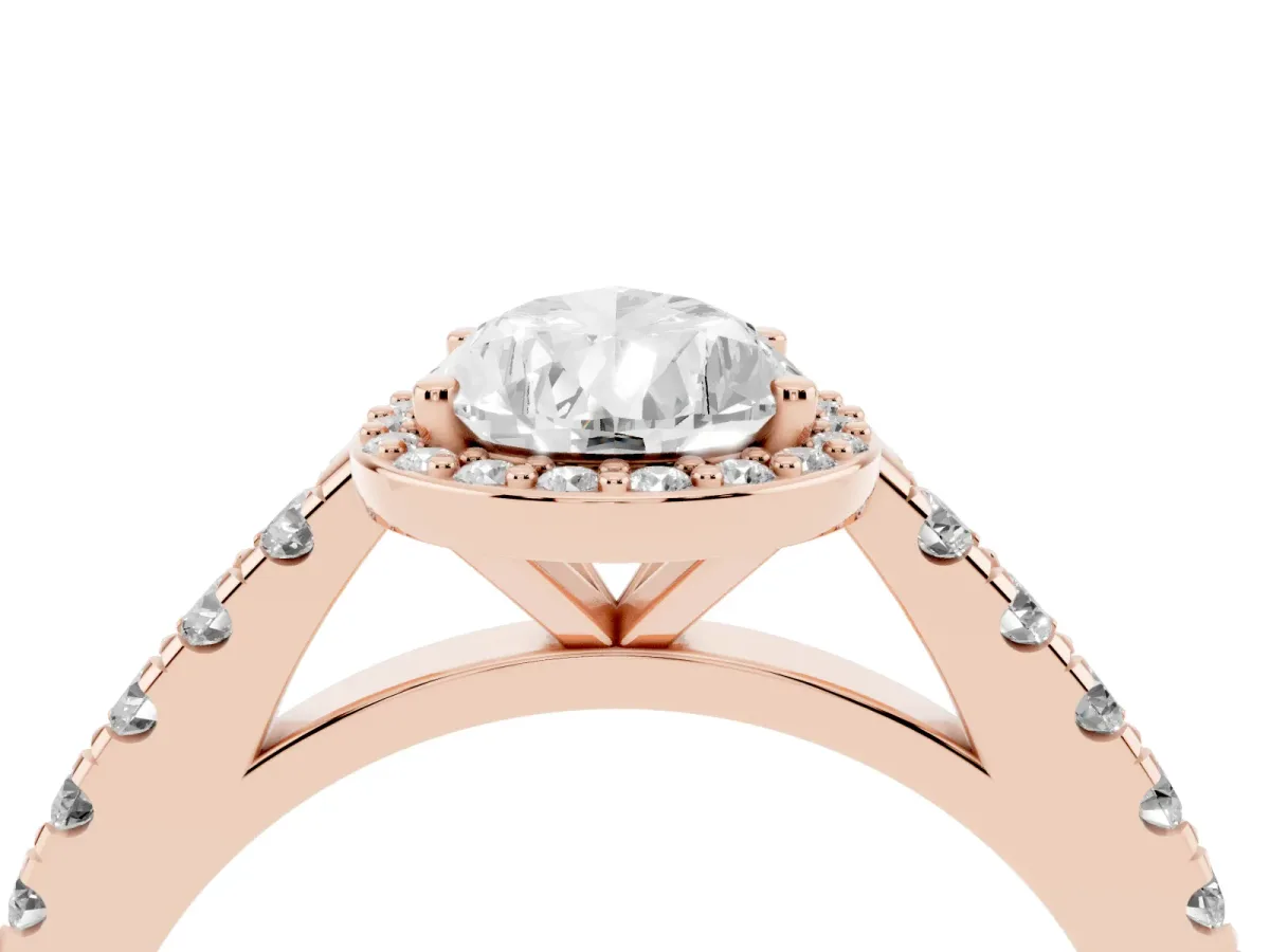Pear Cut Cut Halo Diamond Engagement Ring with Pave Band and Four-Prong Setting Rose gold