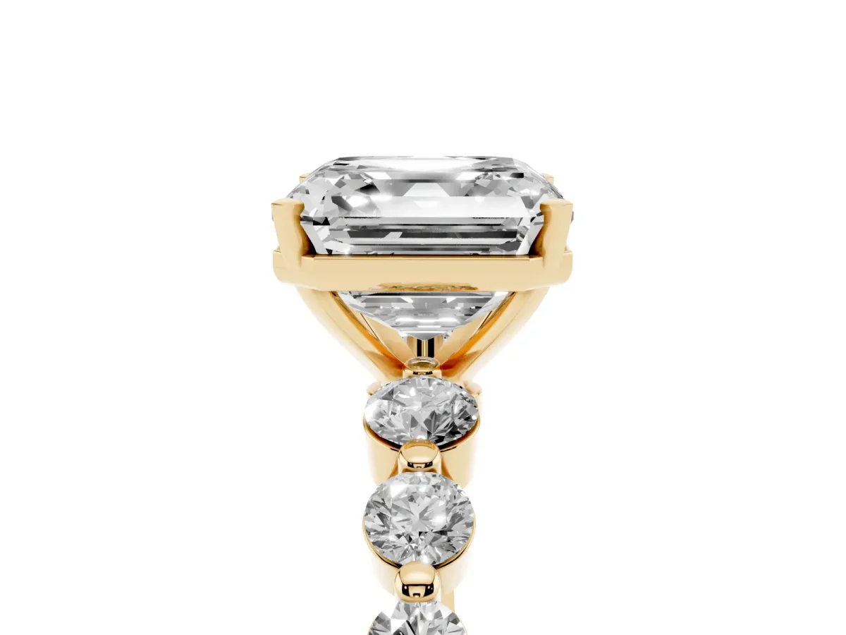 Asscher Cut Solitaire Diamond Ring with Pave Band and Four-Prong Setting Yellow gold