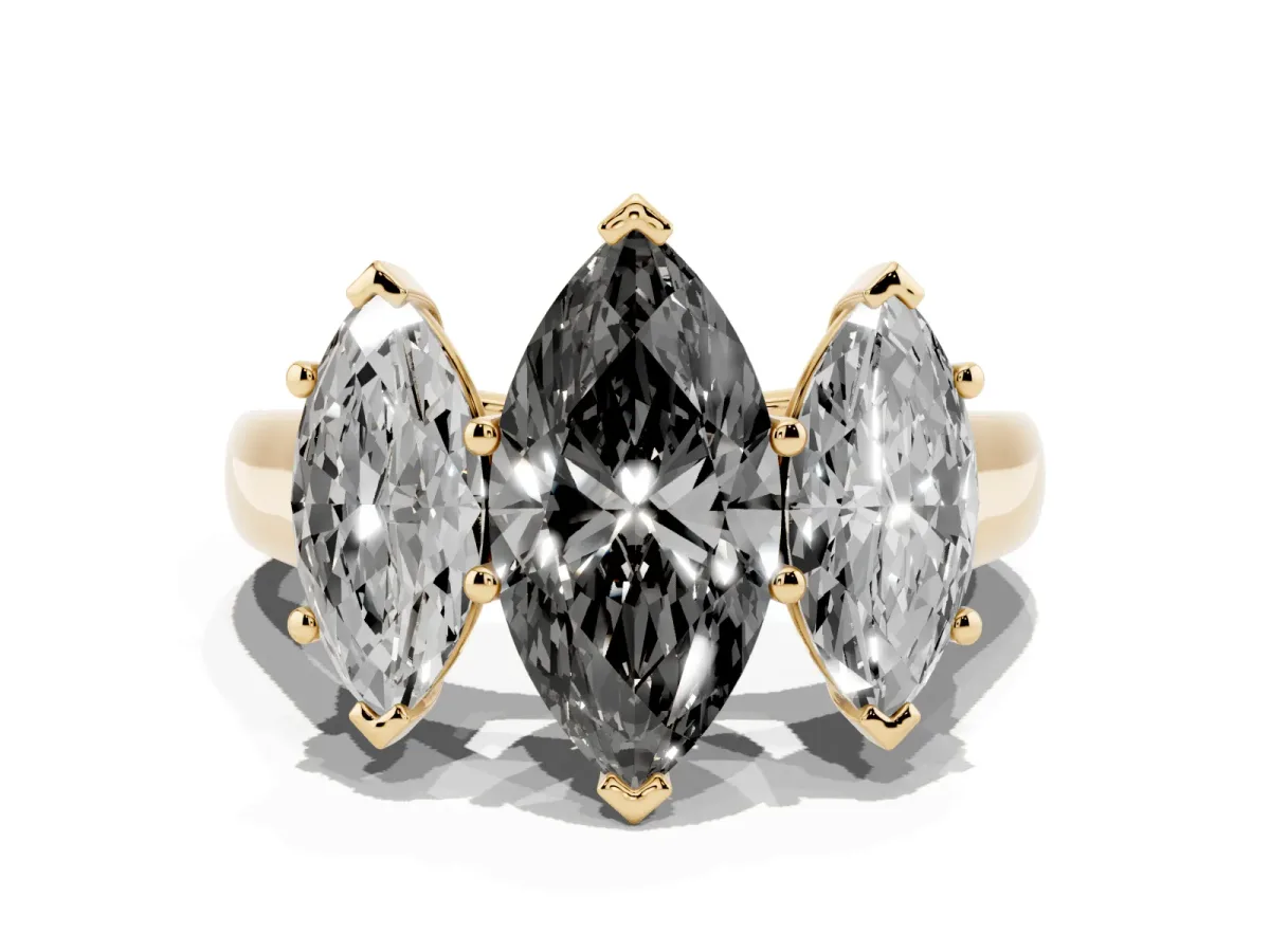 Fancy Black Marquise Cut Three-Stone Diamond Ring with Prong Setting on a Classic Band Yellow gold