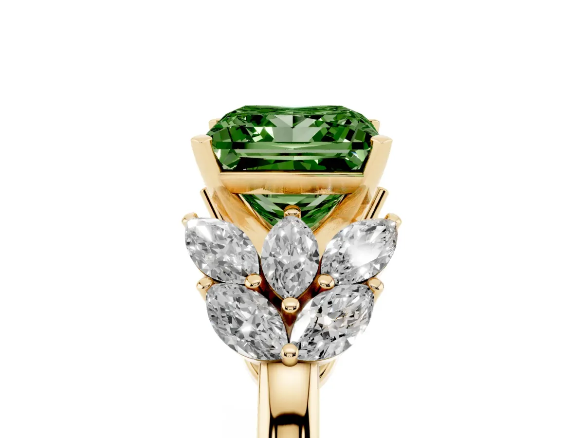 Fancy Green Princess Cut Diamond Cluster Leaf Design Ring with Prong Setting Yellow gold