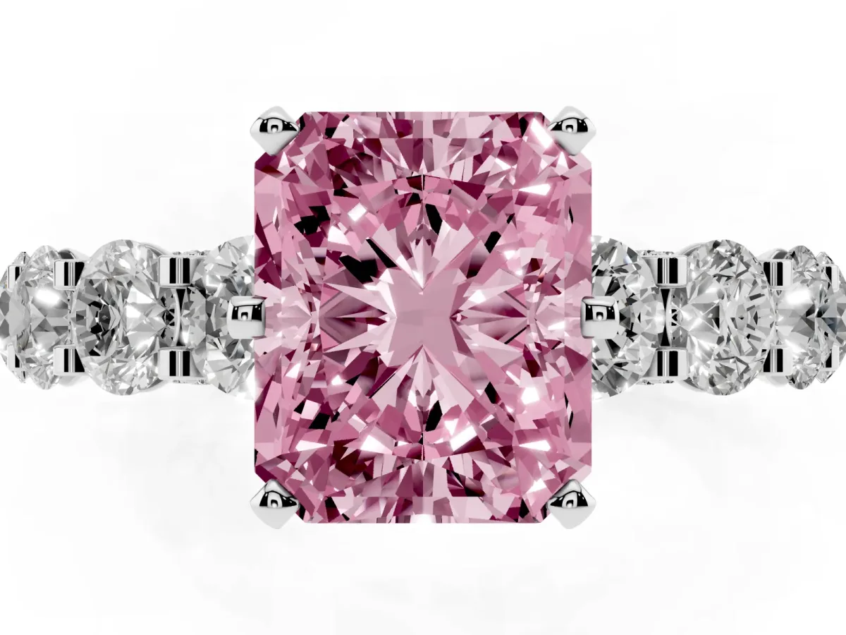 Fancy Pink Radiant Cut Diamond Side Stone Engagement Ring with Four-Prong Setting Silver