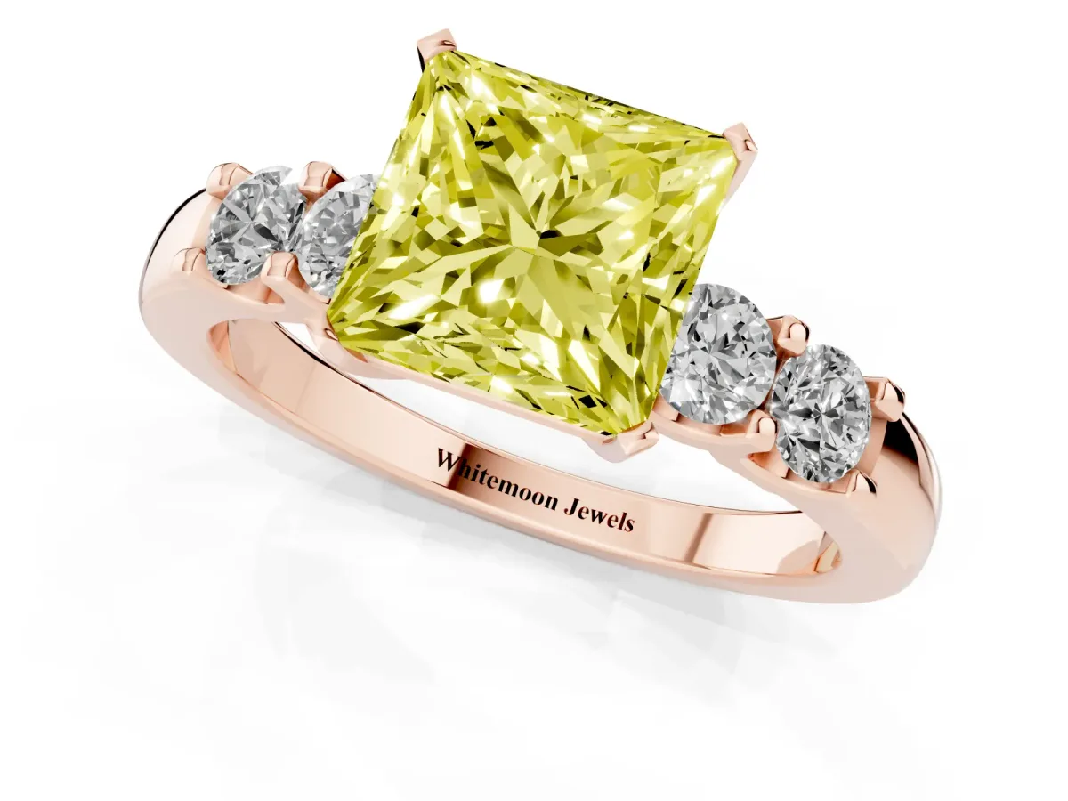 Fancy Yellow Princess Cut Brilliant Cut Diamond Five-Stone Prong Set Engagement Ring with Channel Band Rose gold