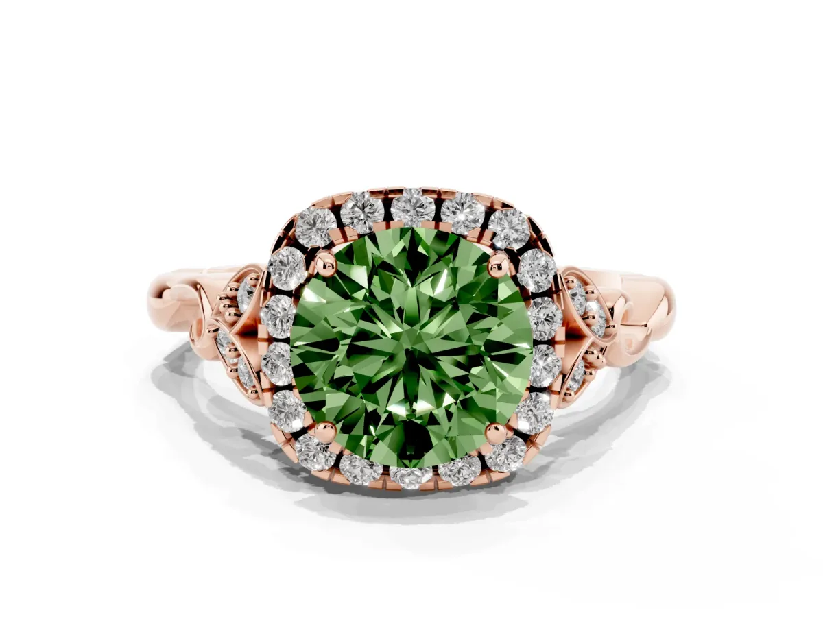 Fancy Green Round Cut Halo Diamond Engagement Ring with Vintage-Inspired Band and Four-Prong Setting Rose gold