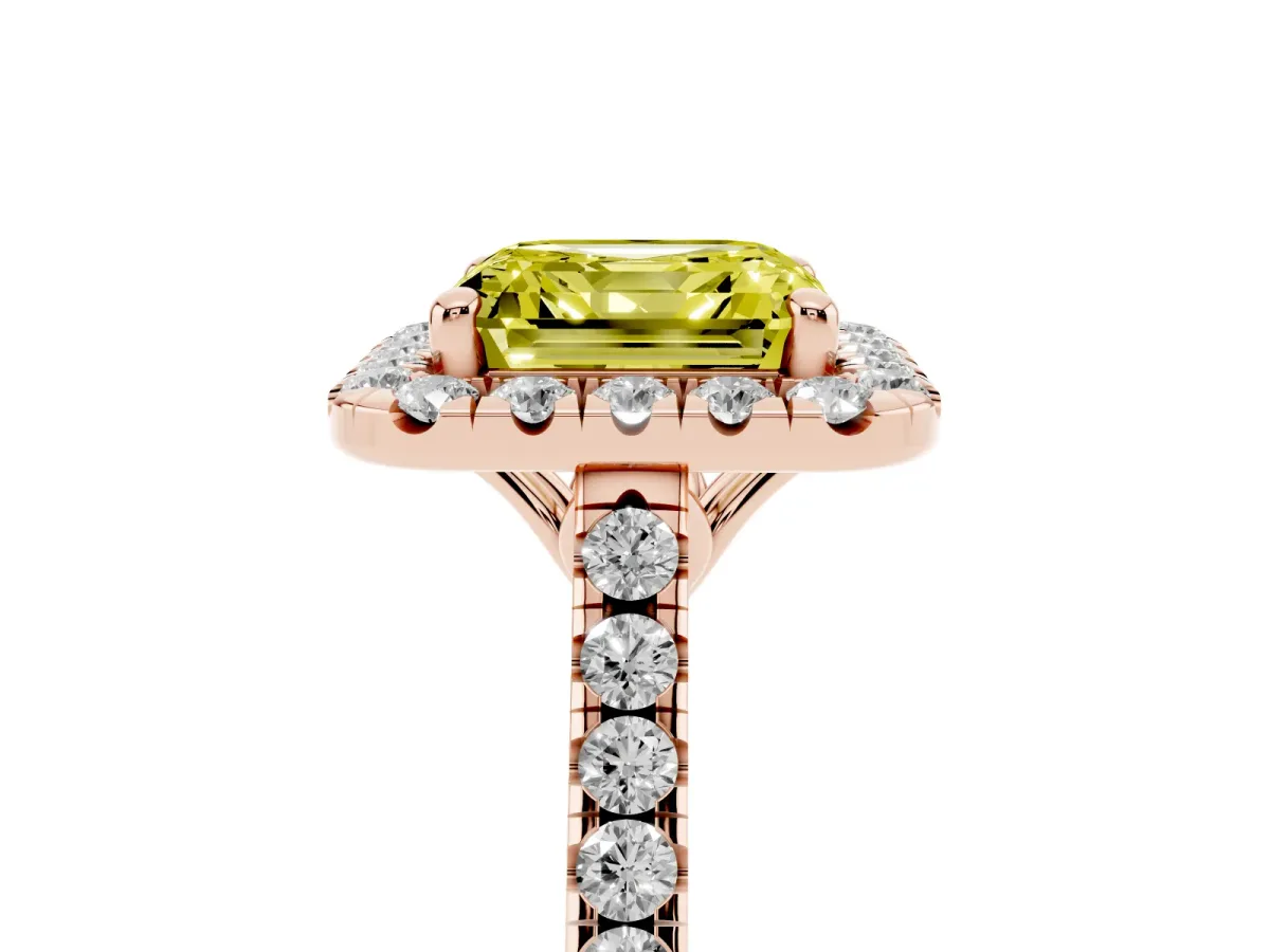 Fancy Yellow Asscher Cut Halo Pavé Diamond Engagement Ring with Four-Prong Setting Rose gold