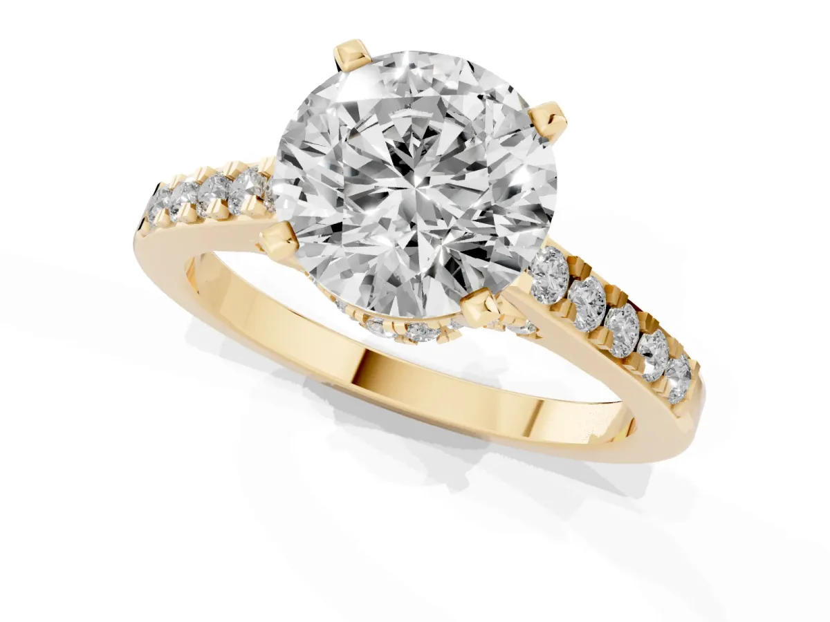 Round Cut Diamond Solitaire Ring with Crossover Gallery and Round Pavé Band Yellow gold